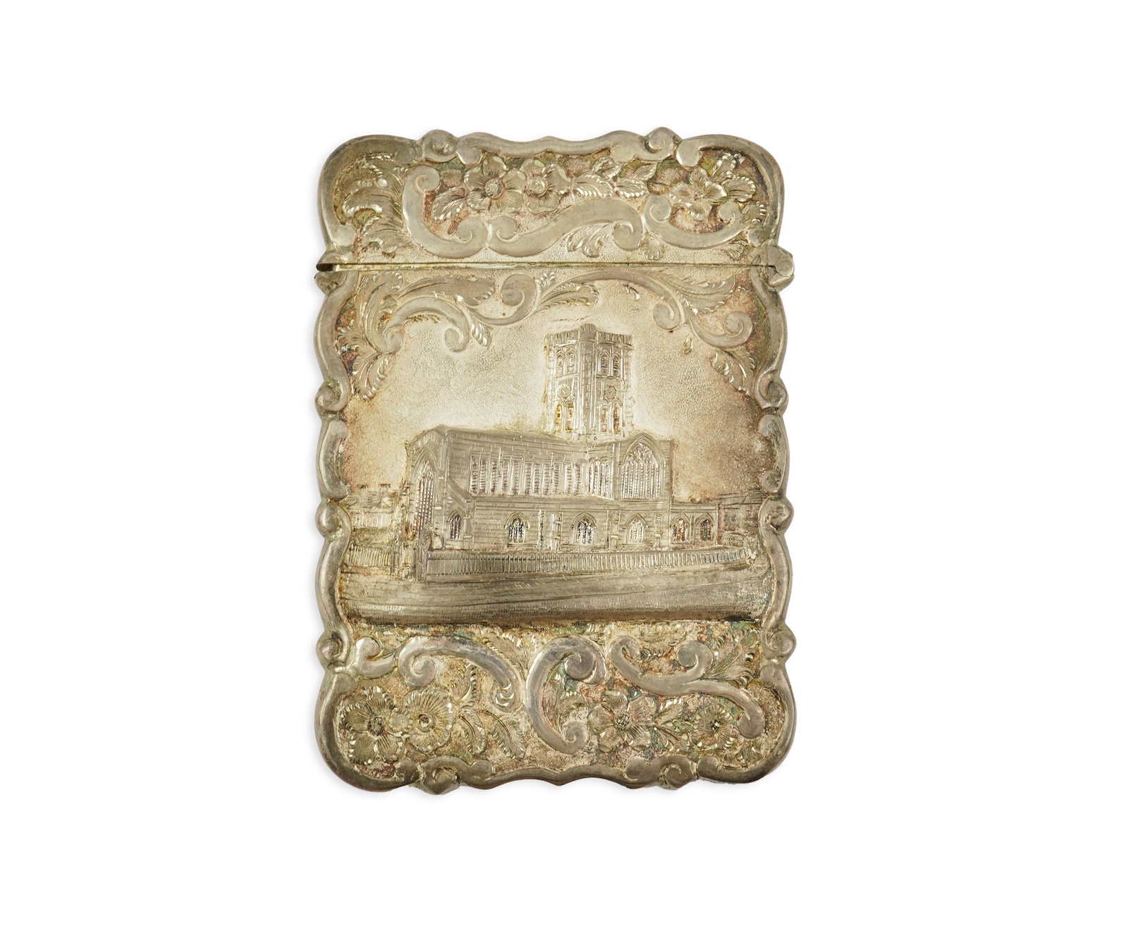 A Victorian silver 'castle top' card case by Hilliard & Thomason?
